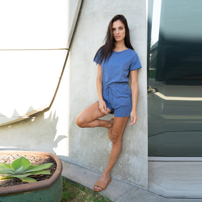 Sandy Short Sleeve Drawstring Romper - Denim