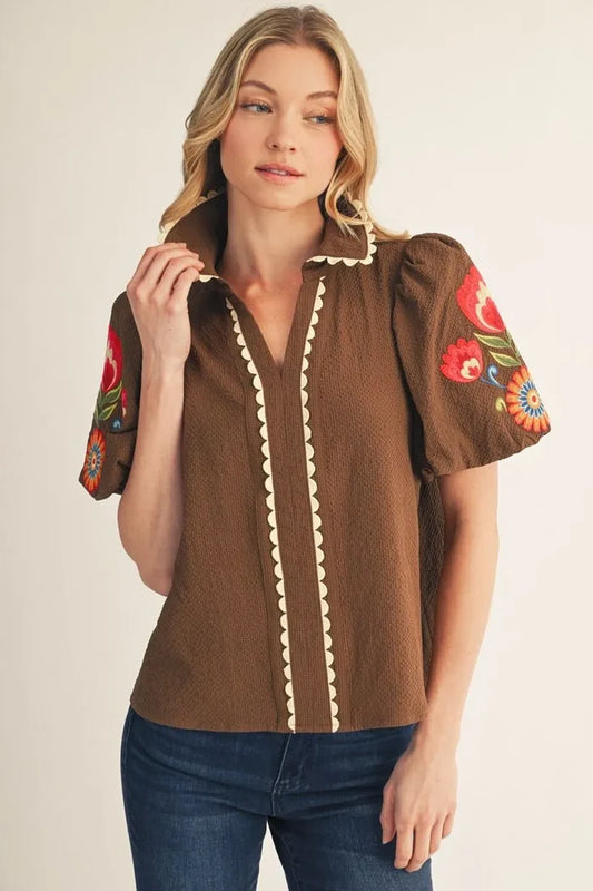 Scallop Trim with Embroidery Short Puff Sleeve Top