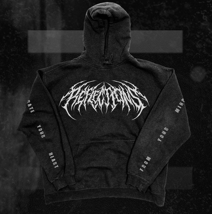A black Reflections fleece pullover hoodie with a large spiky white logo on the chest and Separate your heart from your mind in vertical white text on the ring-spun cotton sleeves, laid flat on a dark background.