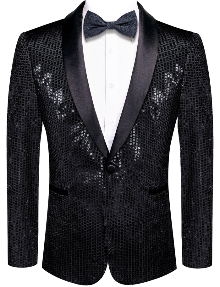 Sequin Black Solid Jacket with Black Shawl Collar - XX-1081 - SimonVon Shop