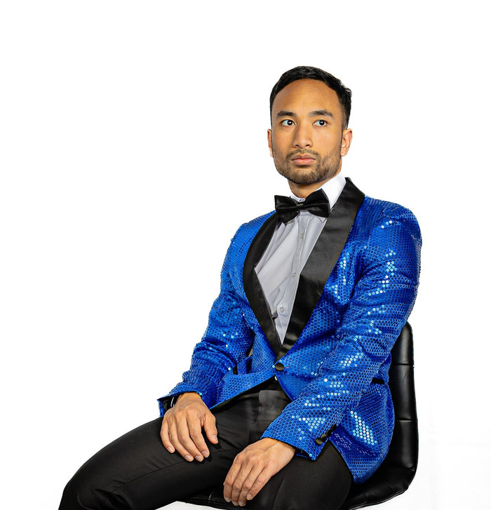 Sequin Blue Solid Jacket with Black Shawl Collar - XX-1079 - SimonVon Shop