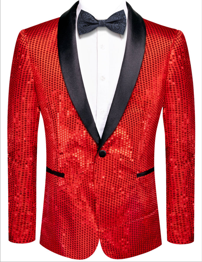 Sequin Red Solid Jacket with Black Shawl Collar - XX-1083 - SimonVon Shop