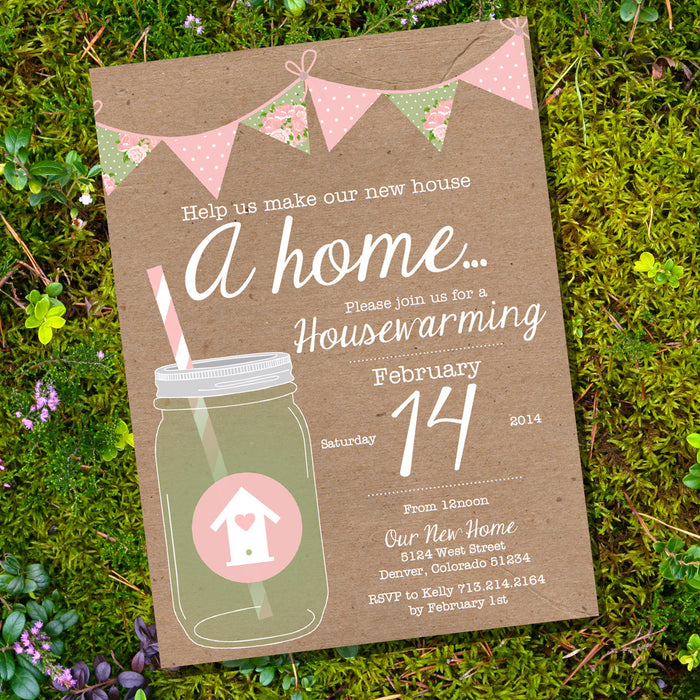 Shabby Chic Pink and Sage Housewarming Invitation