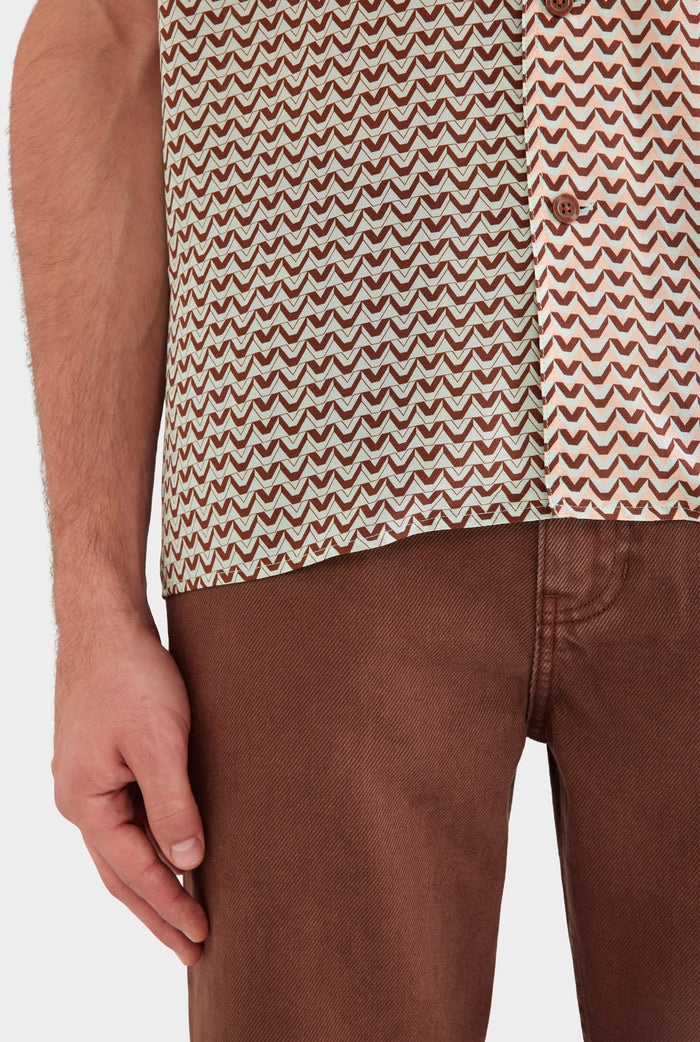 Short Sleeve Silk Camp Collar Shirt - Pale Aqua/Peach Spliced V Monogram