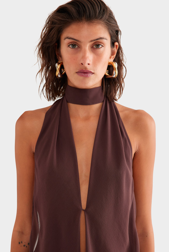 Silk Layered Halter Top - Coffee