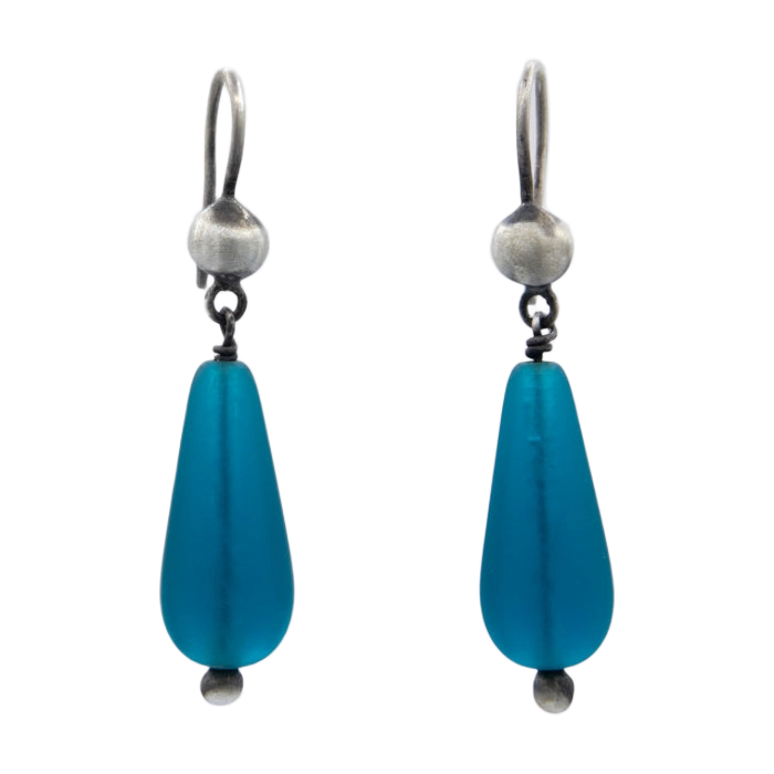 Silver Ball With Bead Earrings - Teal