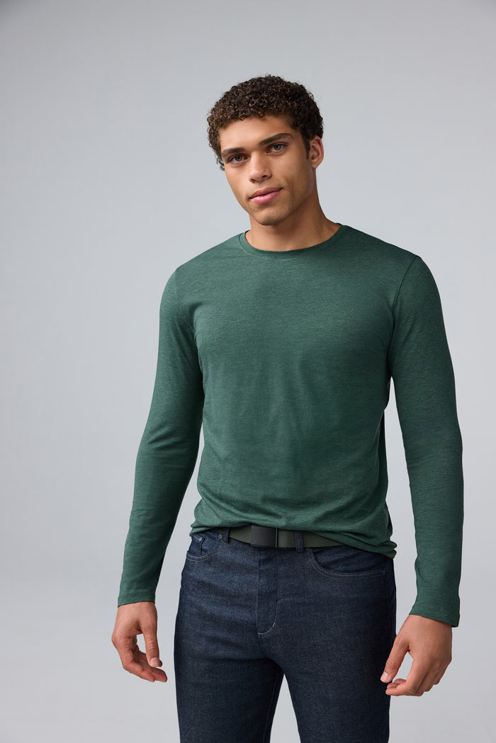 Front view of man wearing SILVER Long Sleeve T-Shirt in Tannenbaum Heather