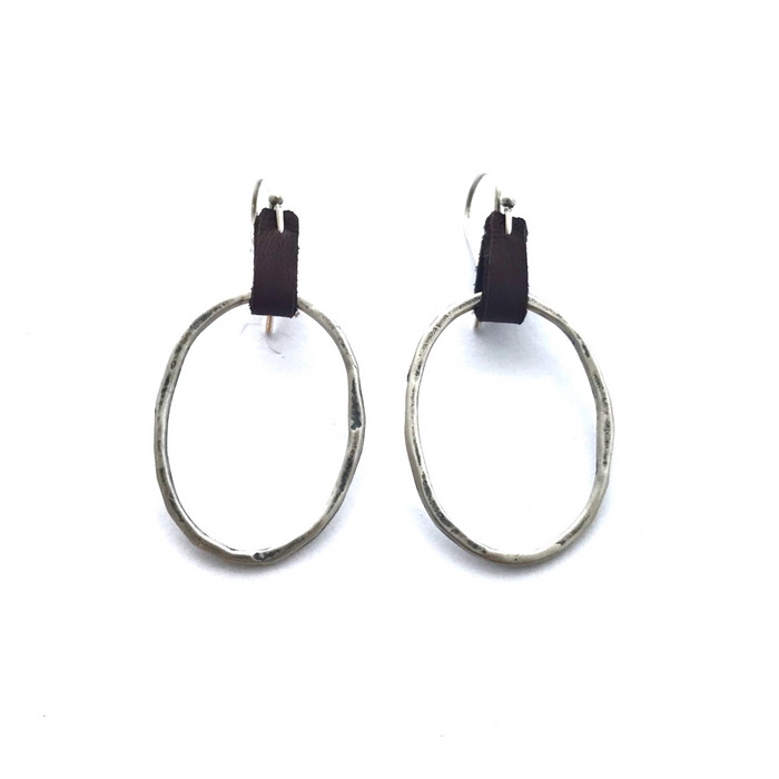 Silver Medium Oblong Hoops with Leather Tabs