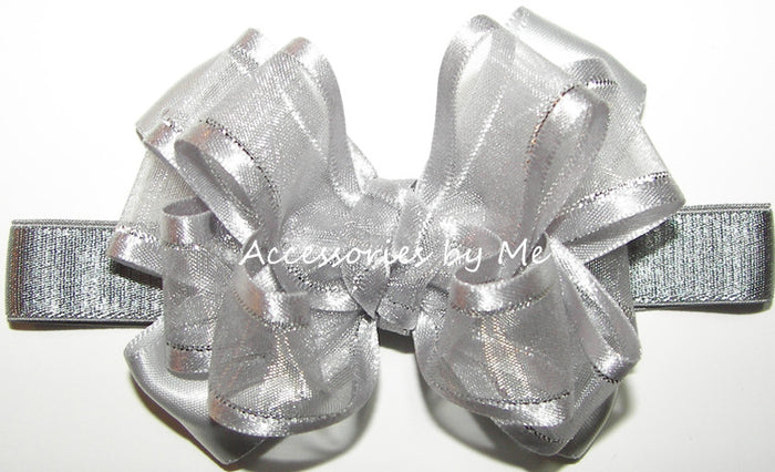 Silver Organza Lame Trim Bow Headband