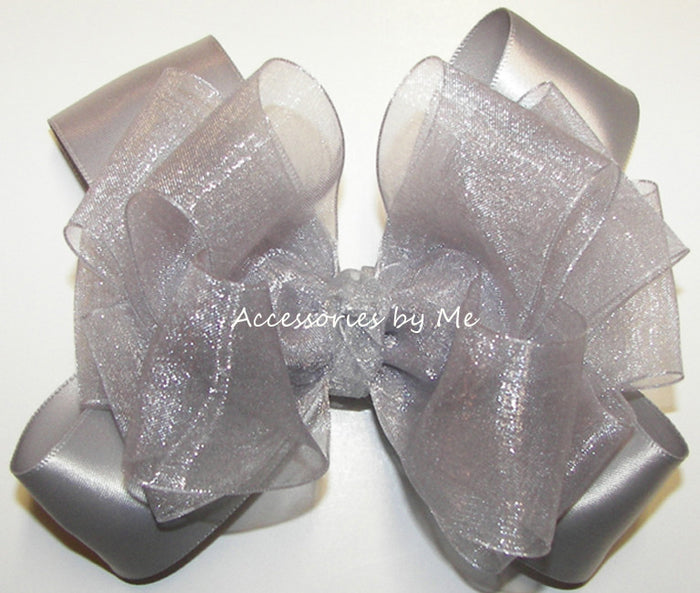 Silver Organza Satin Hair Bow