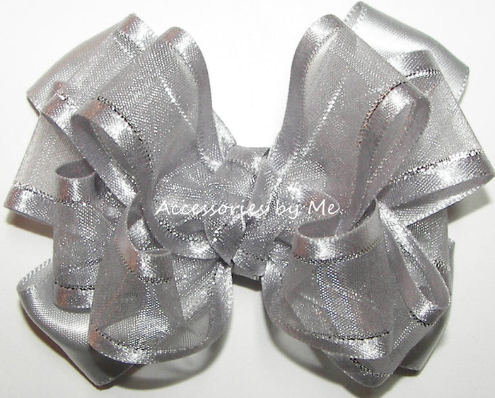 Silver Organza Satin Lame Trim Hair Bow