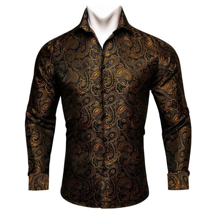 Simon.Von Long Sleeve Shirt Black Golden Paisley Silk Shirt -CY-0445 - SimonVon Shop