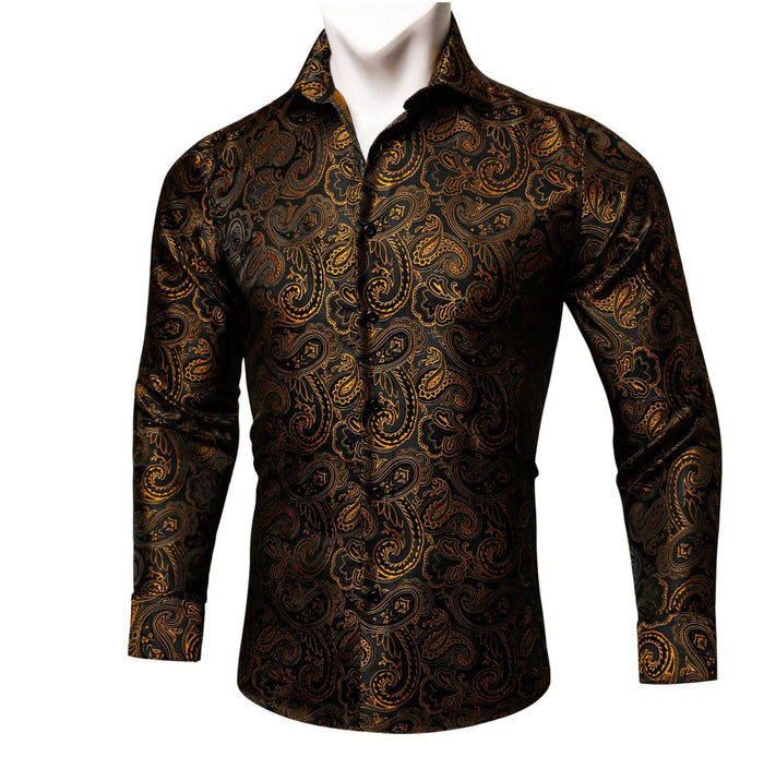 Simon.Von Long Sleeve Shirt Black Golden Paisley Silk Shirt -CY-0445 - SimonVon Shop