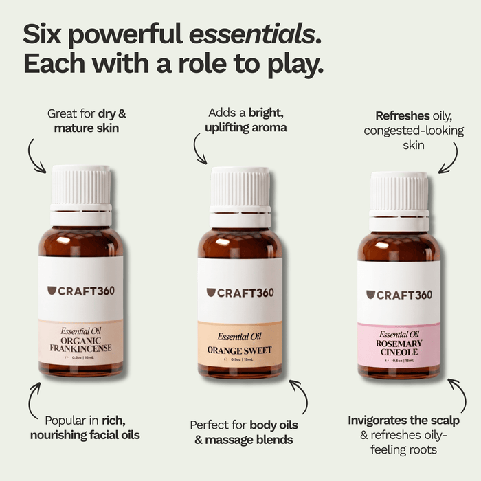 Frankincense, sweet orange and rosemary essential oils with their skin, body and haircare uses