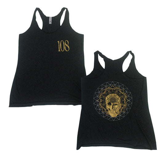 108 Skull Heather Black Womens Racerback Tank Top front and back