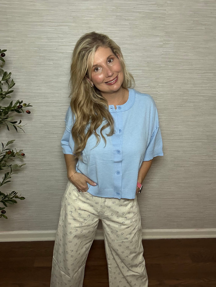 Sky Blue Short-Sleeve Cashmere Cardigan