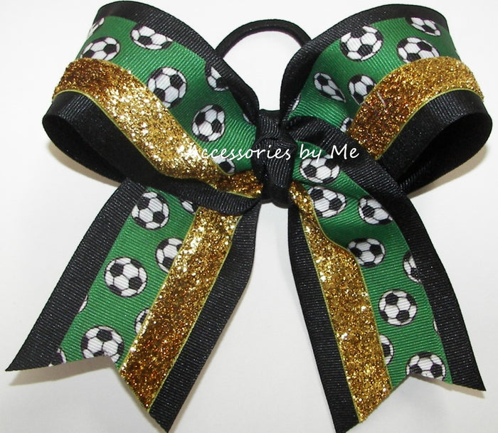 Soccer Forest Green Black Gold Glitter Cheer Style Bow