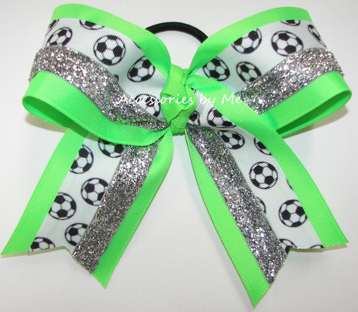 Soccer Neon Green Silver Glitter Cheer Hair Bow