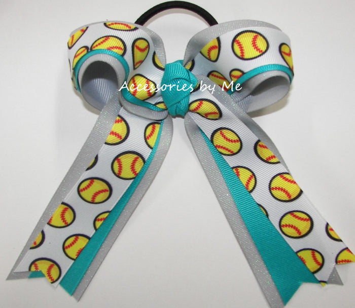 Softball Blue Lagoon Gray Glitter Ponytail Bow