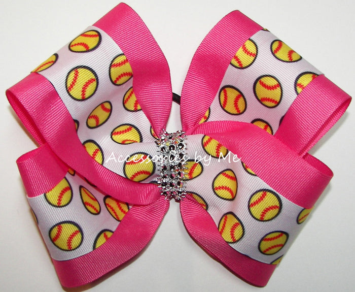 Softball Hot Pink No Tails Hair Bow