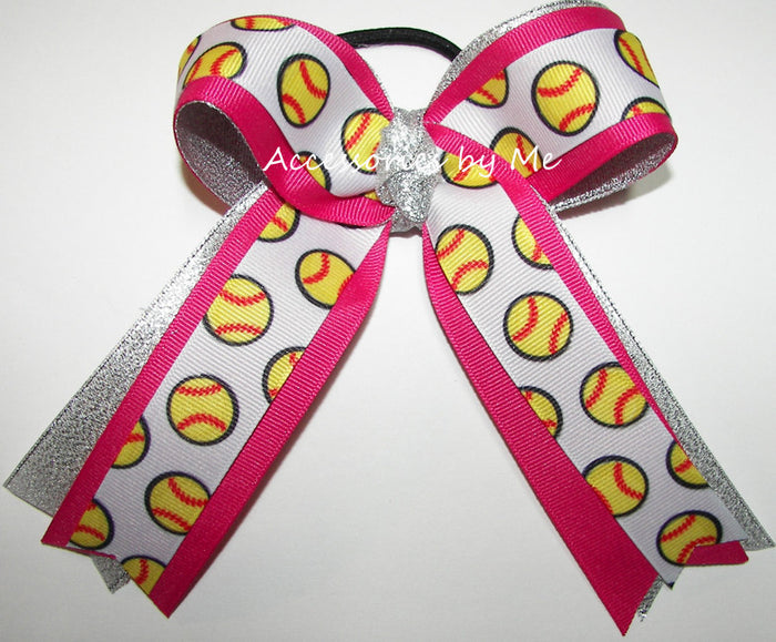 Softball Shocking Pink Silver Metallic Hair Bow