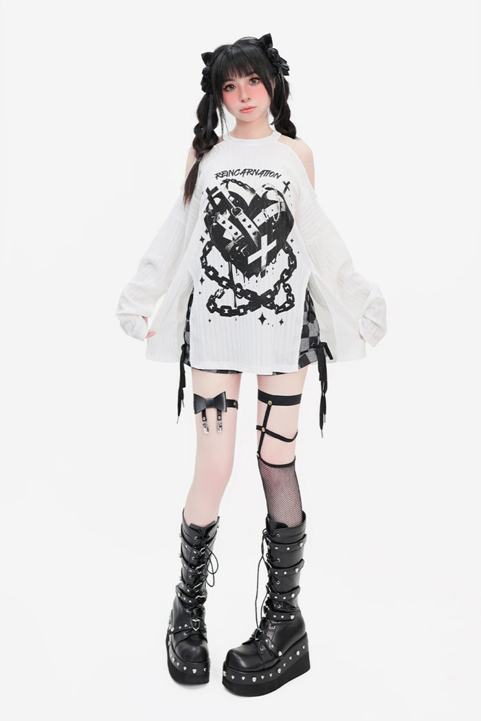 Split-Side Loose Off-Shoulder Long-Sleeve T-Shirt