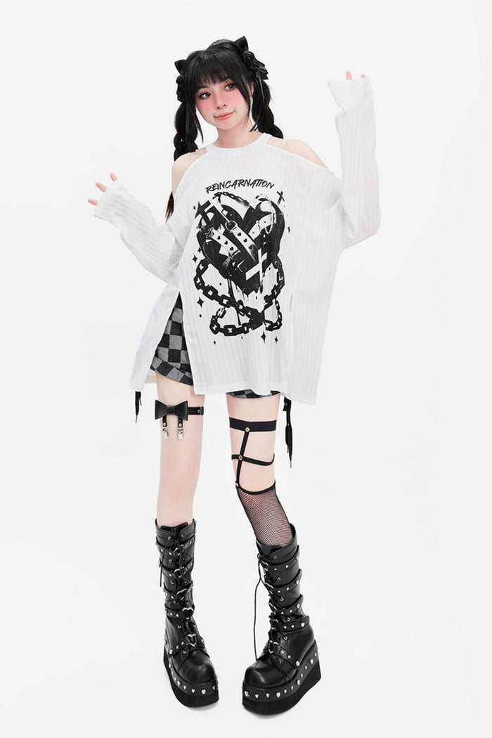 Split-Side Loose Off-Shoulder Long-Sleeve T-Shirt