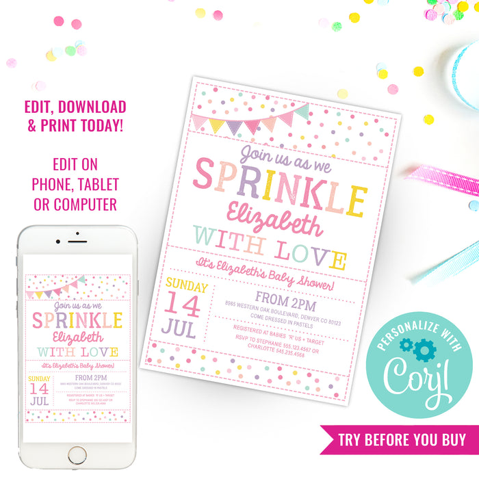 Sprinkle Baby Shower Invitation For A Girl |Confetti Baby Shower Invitation