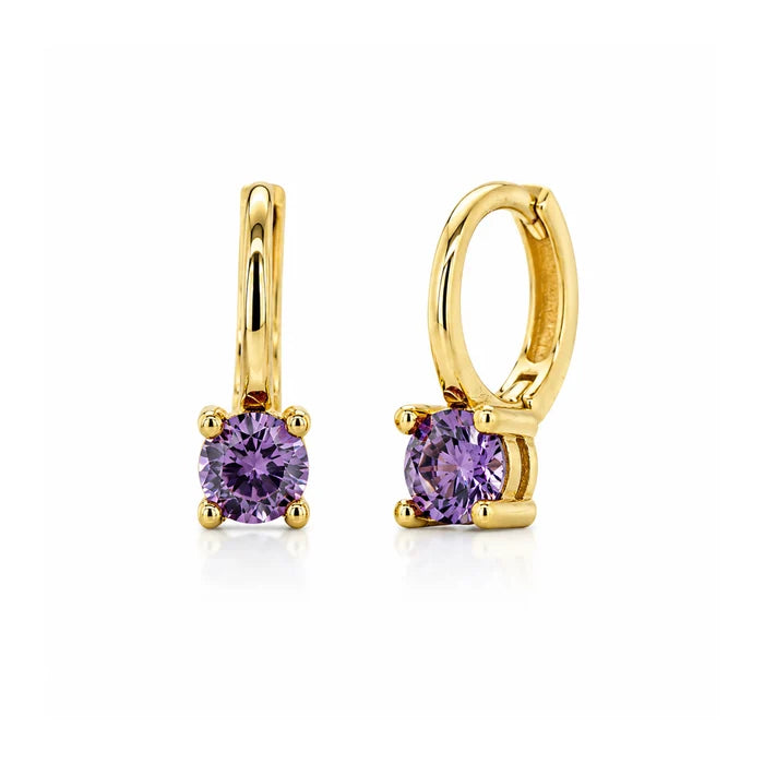 Sterling Silver Gold Vermeil Amethyst Color CZ Huggie Earrings
