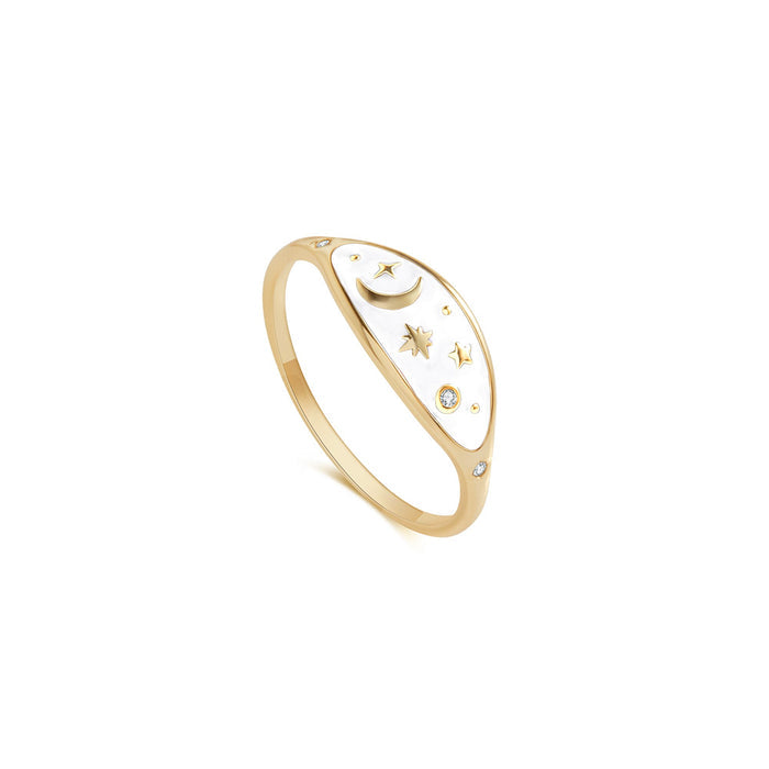 Sterling Silver Gold Vermeil CZ Celestial White Enamel Ring