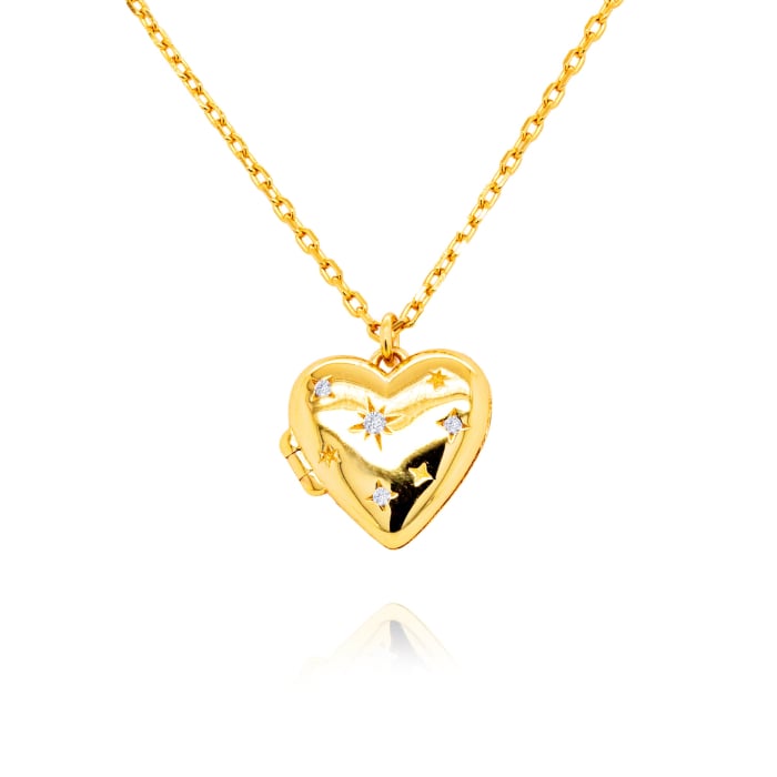 Sterling Silver Gold Vermeil CZ Star Setting Heart Locket Necklace