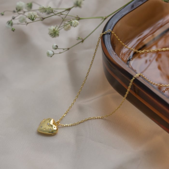 Sterling Silver Gold Vermeil CZ Star Setting Heart Locket Necklace