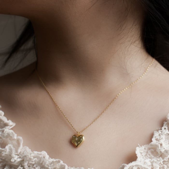 Sterling Silver Gold Vermeil CZ Star Setting Heart Locket Necklace