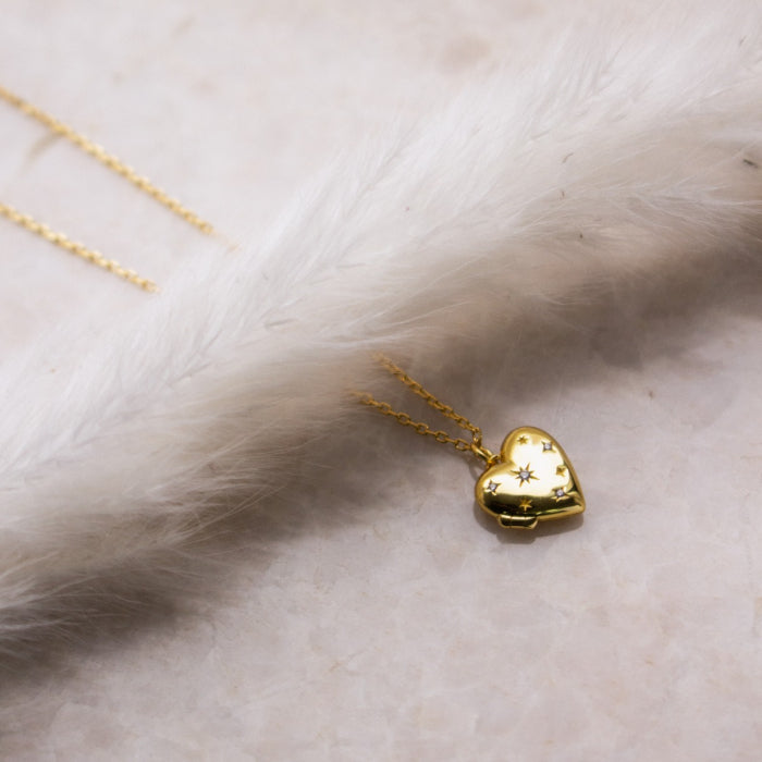 Sterling Silver Gold Vermeil CZ Star Setting Heart Locket Necklace