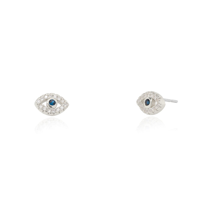 Sterling Silver Rhodium Plated CZ Evil Eye stud Earrings