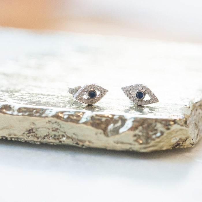 Sterling Silver Rhodium Plated CZ Evil Eye stud Earrings