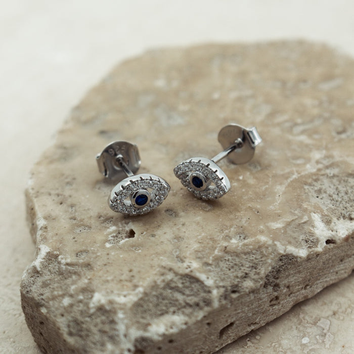 Sterling Silver Rhodium Plated CZ Evil Eye stud Earrings