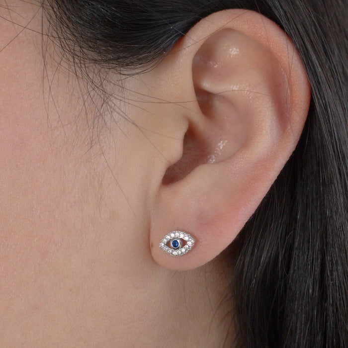 Sterling Silver Rhodium Plated CZ Evil Eye stud Earrings