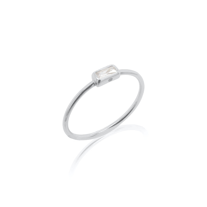 Sterling Silver Rhodium Plated CZ Rectangular Bezel Ring