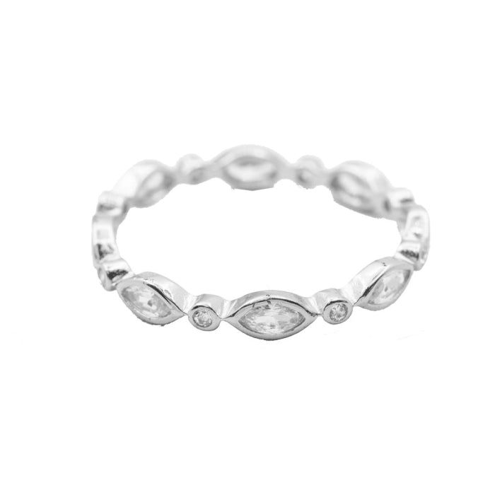 Sterling Silver Rhodium Plated CZ Round and Marquis Cut Band Ring