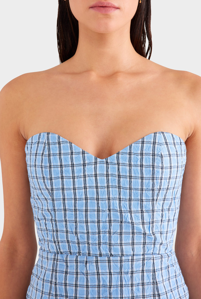 Strapless Check Bustier - Blue Crushed Check