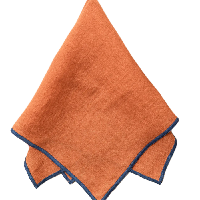 Sunset Orange with Blue Trim Linen Napkin
