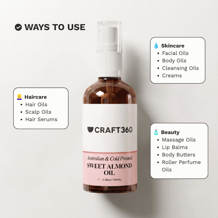 Infographic showing common skincare, haircare and formulation uses for Australian Sweet Almond Oil