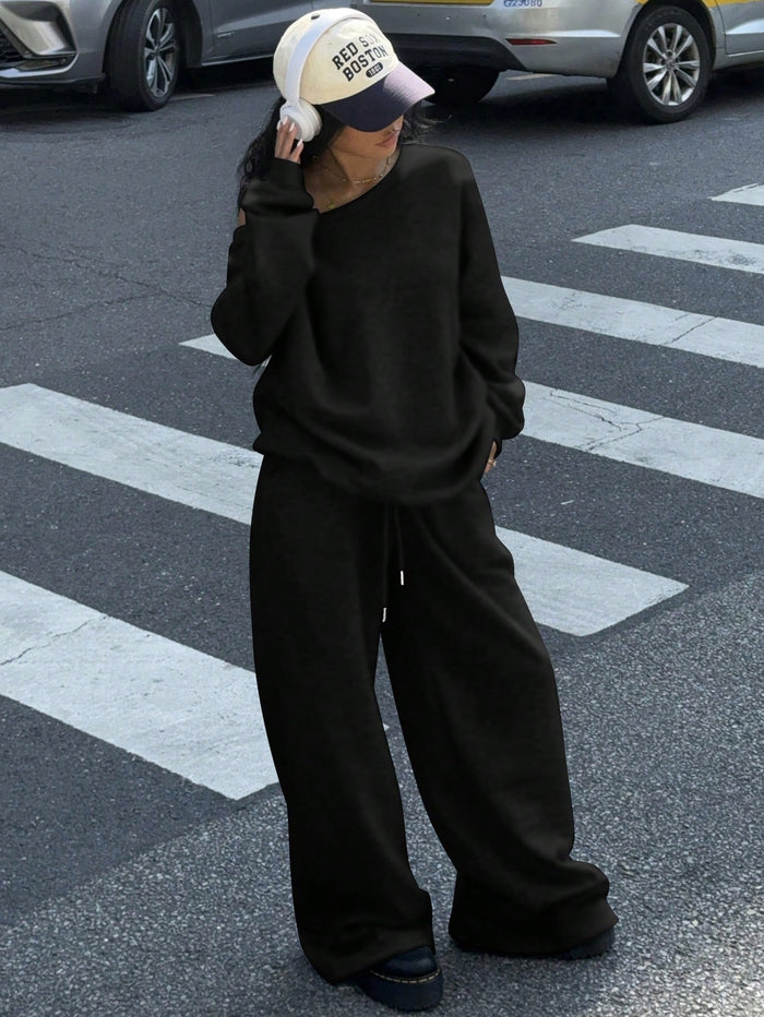 SXV 2pcs Women's Black Wide Neckline Off-Shoulder Loose Casual Sweatshirt And Wide Leg Sweatpants Set