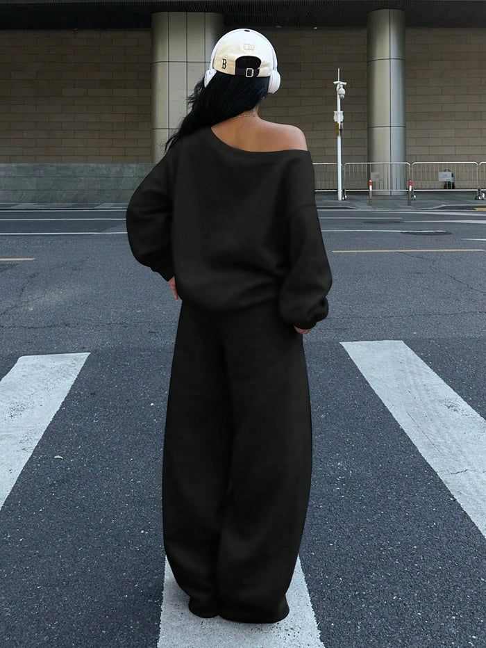 SXV 2pcs Women's Black Wide Neckline Off-Shoulder Loose Casual Sweatshirt And Wide Leg Sweatpants Set