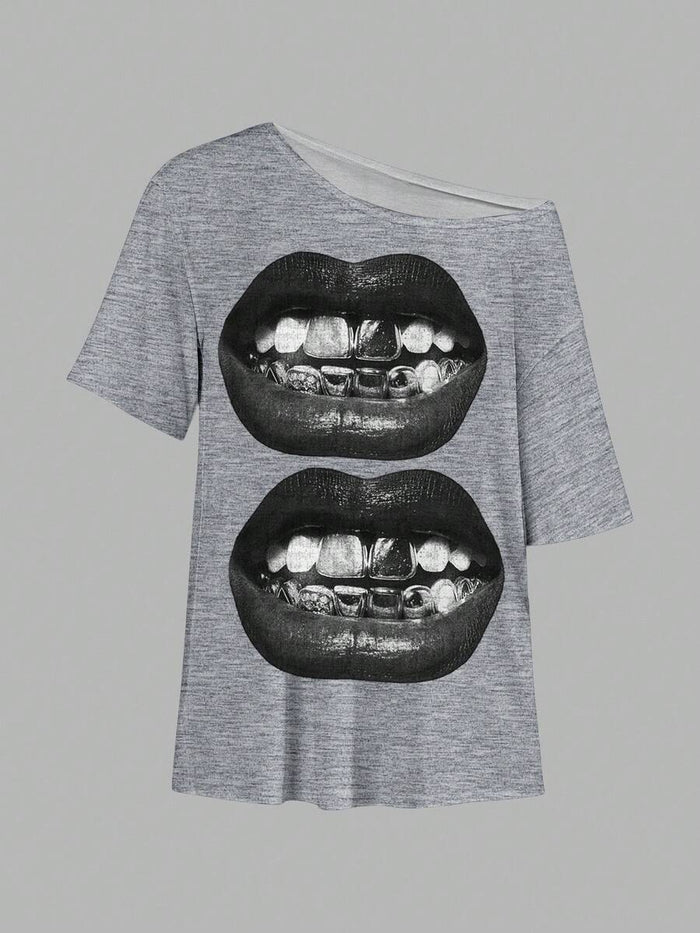 SXV Casual Minimalist Lip Print Off-Shoulder Loose Short Sleeve T-Shirt