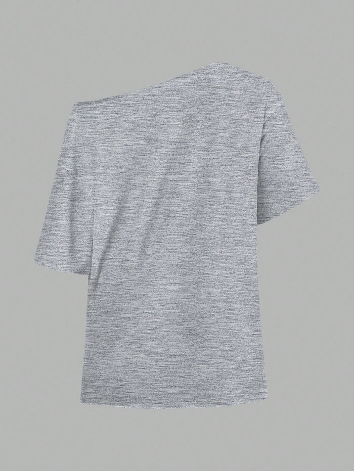 SXV Casual Minimalist Lip Print Off-Shoulder Loose Short Sleeve T-Shirt