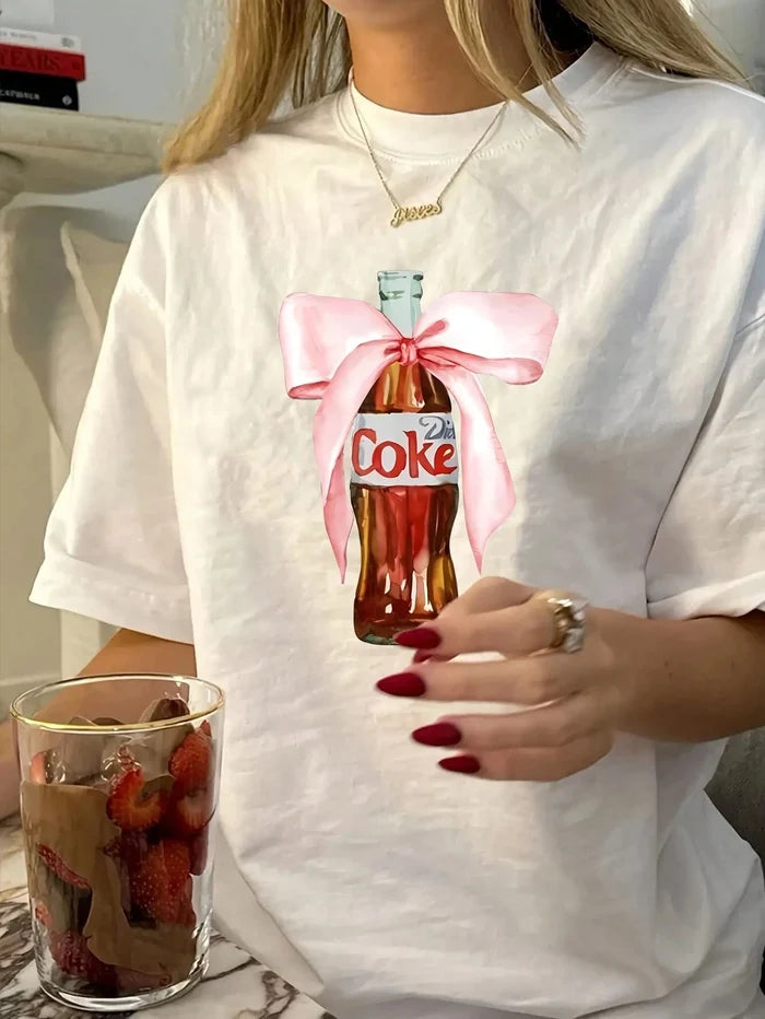 SXV Diet coke Women's Solid Color Round Neck Short Sleeve Casual Loose Graphic T-Shirt