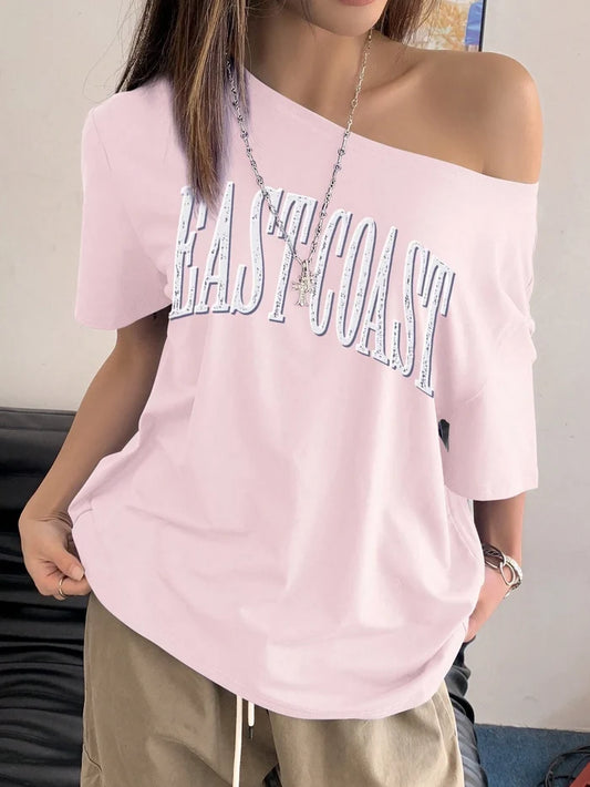 SXV East coast pink Women Letter Print Asymmetric Collar Short Sleeve Loose Casual T-Shirt