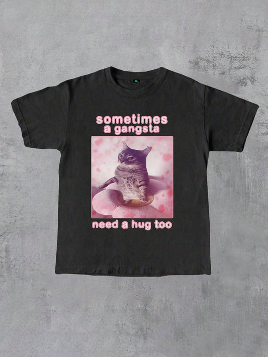SXV Even Gangsters Sometimes Need A Hug Funny Cat Graphic Print Women Round Neck T-Shirt